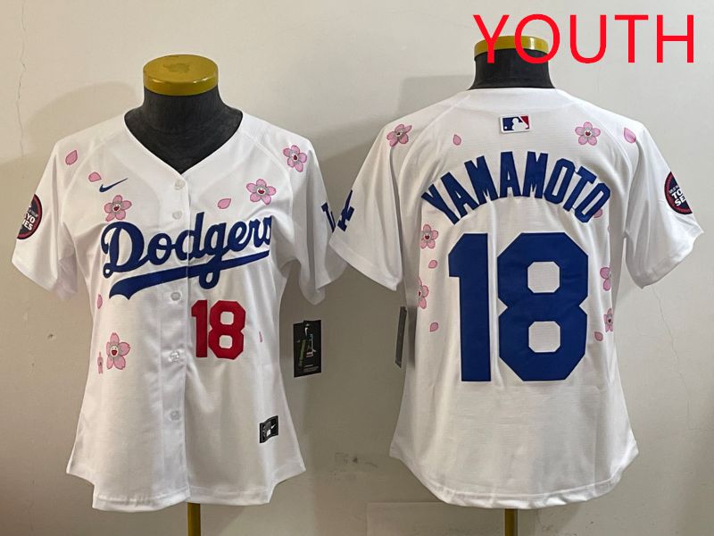 Youth Los Angeles Dodgers #18 Yamamoto White Sakura Edition 2025 Nike MLB Jersey style 6